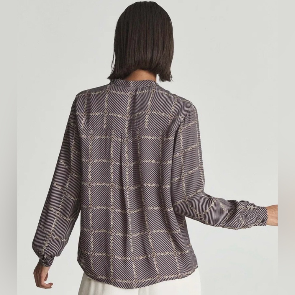 REISS Nyla Chain Link Print Button Down Top Blouse Striped Long Sleeve Size 4 - Picture 3 of 16
